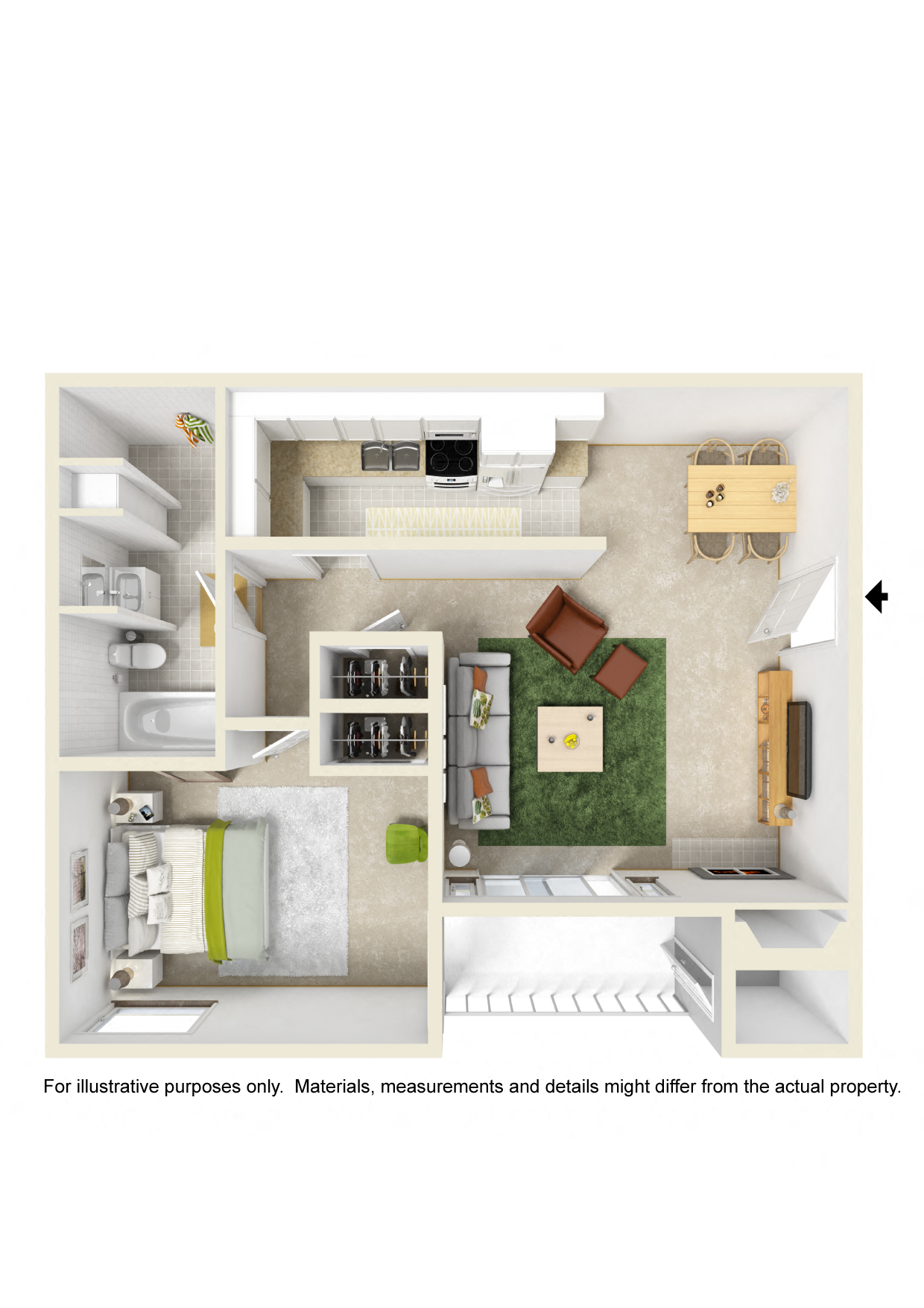 Floor plan for 1 bed, 1 bath, 700 sqft